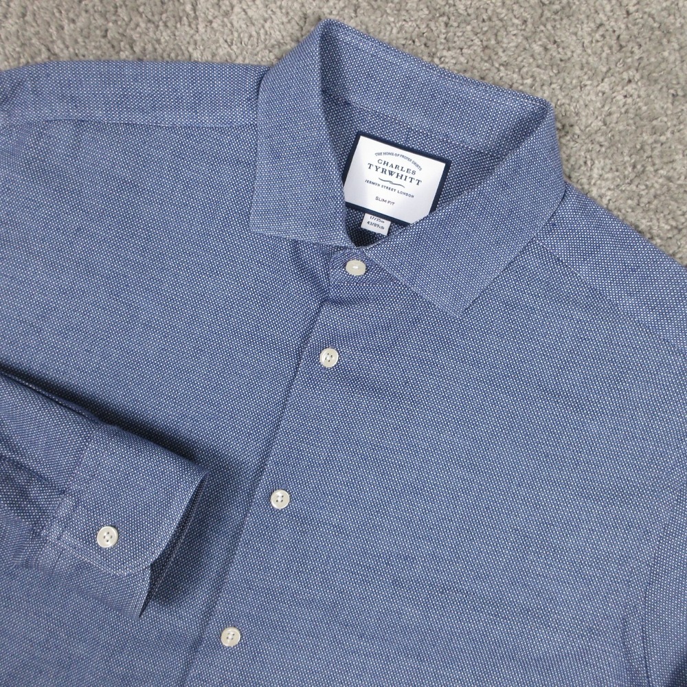 Charles Tyrwhitt Shirt Mens XL 17 35 Blue Geometric Slim Fit Dress Button Up EUC